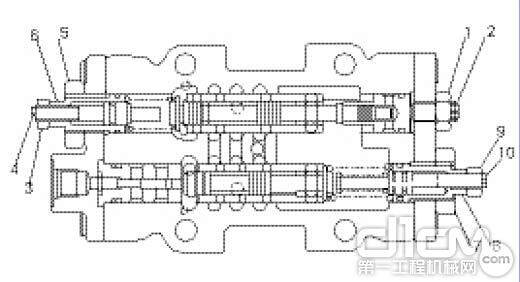 图2 日立EX200-1、EX200-5、ZAXIS200、ZAXIS270型挖掘机主泵调节器调整方法1、3、5、7、9.锁紧螺母　2、4、6、8、10.调整螺钉