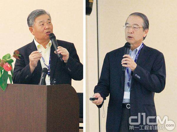 左：小松（中国）总经理兼CEO王子光先生致辞；右：小松本社副社长驹村义范先生做主题演讲