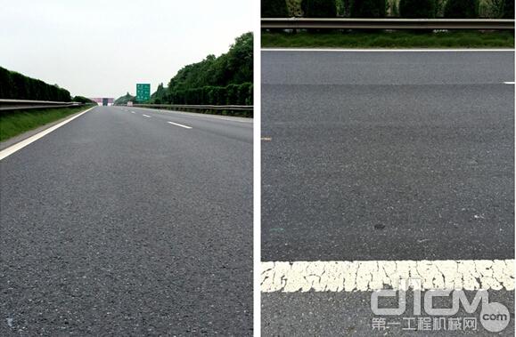 左：樟吉高速英达施工5年后，路面依然平整完好；右：传统工艺治理的路段，车辙复发