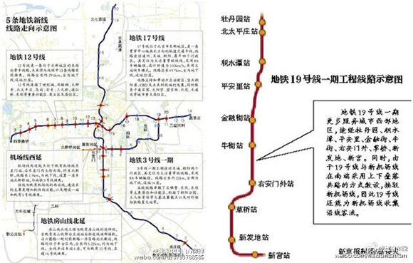 确定于今年开工建设的6条地铁线路 图片来自京港地铁微博和海淀在线微博