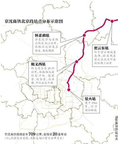 京沈高铁北京段站点分布示意图
