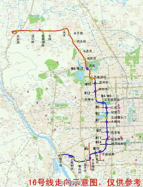 地铁16号线示意图（图片来自@北京地铁）