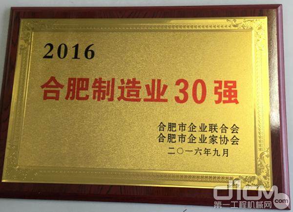 “2016合肥制造业企业30强”奖牌