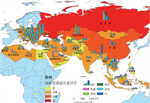 图 4 2013 年“一带一路”沿线国家战略资源赋存度空间分布