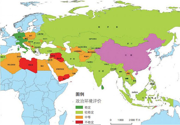 图 5 2013 年“一带一路”沿线国家政治环境态势空间分布