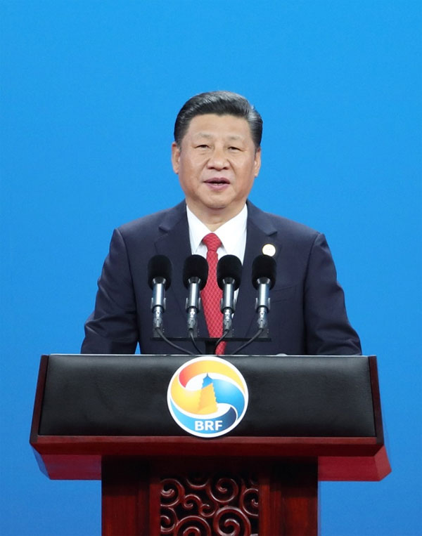 5月14日，国家主席习近平在北京出席“一带一路”国际合作高峰论坛开幕式，并发表题为《携手推进“一带一路”建设》的主旨演讲。（图片来源：新华社 王晔摄）