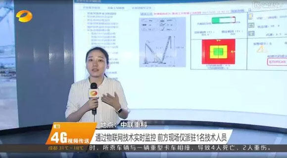 记者身后的监控展示平台，是能实时监控在现场的3200吨履带式起重机的实时画面。