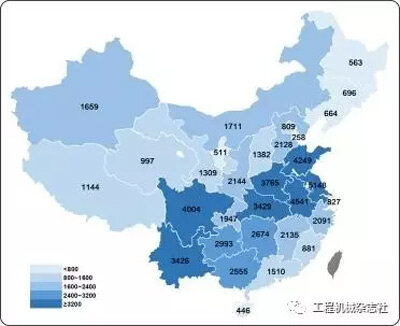 图6 2017年1-5月国内挖掘机械市场各省份销量