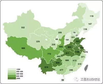 图9 2017年1-5月国内挖掘机械市场各省份中挖销量