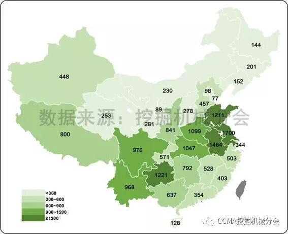 图23--2017年1-7月国内挖掘机械市场各省份中挖销量.