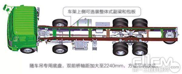 华菱随车吊专用底盘，双前桥轴距加大至2240mm，方便吊机改装。 
