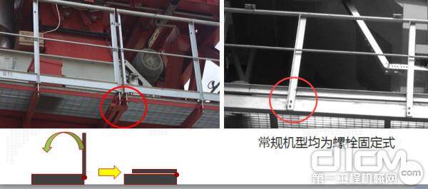 主楼栏杆采用选择插口式，相比传统螺栓对接式，一次安装到位，搬迁直接折叠