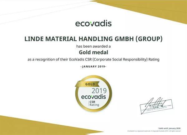 林德物料搬运荣获2019年EcoVadis“企业社会责任金奖”