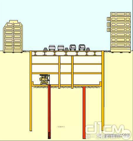 图为1991年在日本地铁施工的第一台宝峨MBC 30低净空铣槽机施工示意图。该设备不但在地面完成了道路两侧的连续墙，而且在地铁车站内部完成了设计的地下连续墙，充分发挥了宝峨低净空铣槽机的优势。