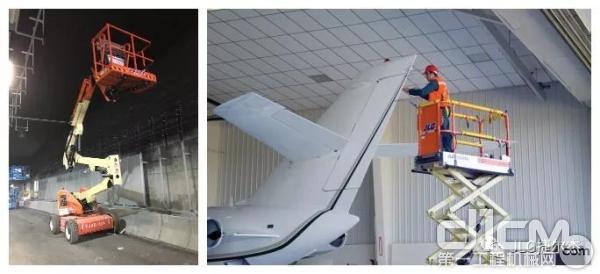 左图为：捷尔杰设备参与隧道施工 右图为：捷尔杰设备助力飞机维修（带防碰撞系统）