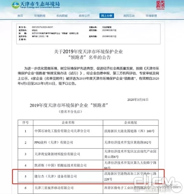 2019年度天津市环境保护企业“领跑者”名单