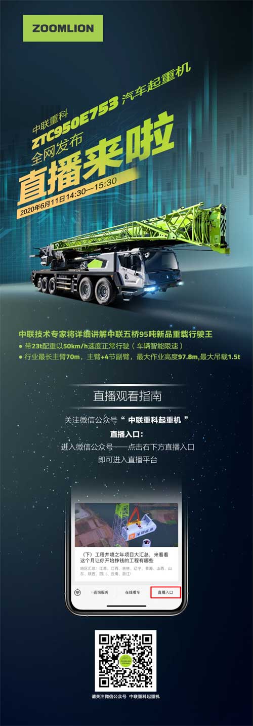 中联重科ZTC950E753汽车起重机直播宣传海报