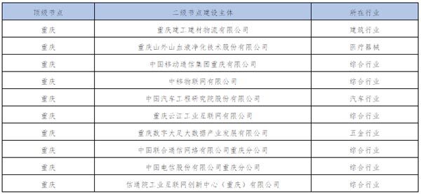 本次上线的重庆市十大工业互联网标识解析二级节点名单