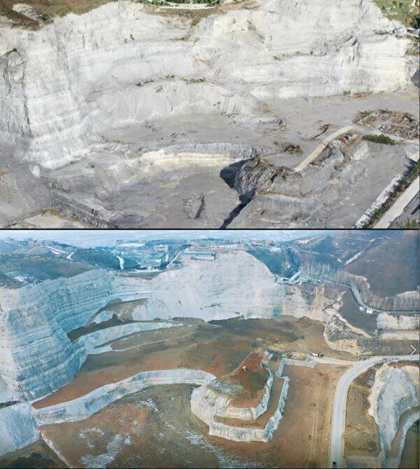 三河东部矿区矿山地质环境治理工程(五期)西区治理前后对比(上为治理前) 