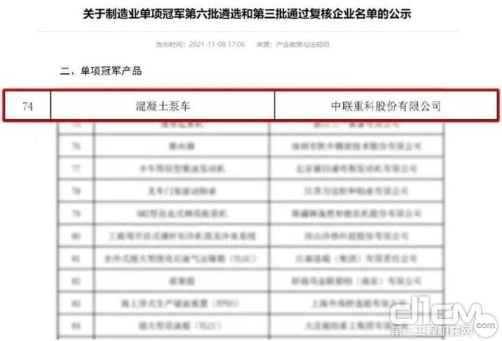 2021年中联重科混凝土泵车获评国家级制造业单项冠军