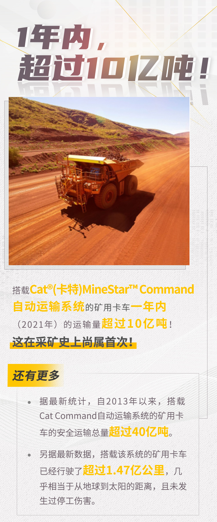 2021年搭载CAT®（卡特）MineStar™Command自动运输系统的矿用卡车的运输量超过10亿吨
