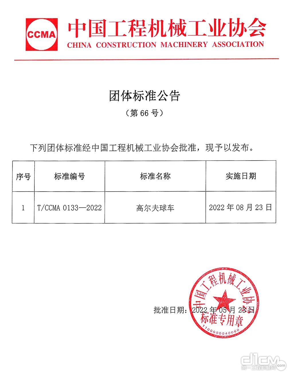 中国工程机械工业协会团体标准公告（第66号）