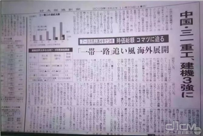 《日本经济新闻》报道，中国三一重工跻身全球工程机械三强