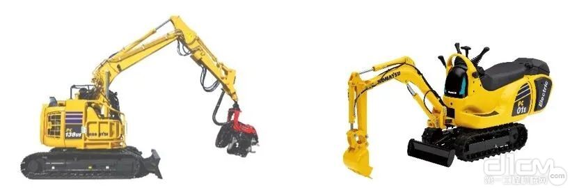▲左图:PC138US-11伐木机C93规格； 右图:微型电动挖掘机PC01E-1