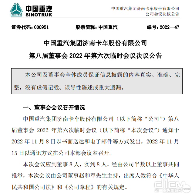 中国重汽集团济南卡车发布第八届董事会2022年第六次临时会议决议公告