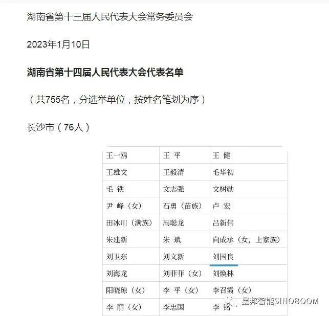 ▲湖南省第十四届人民代表大会代表名单公示 星邦智能董事长刘国良当选