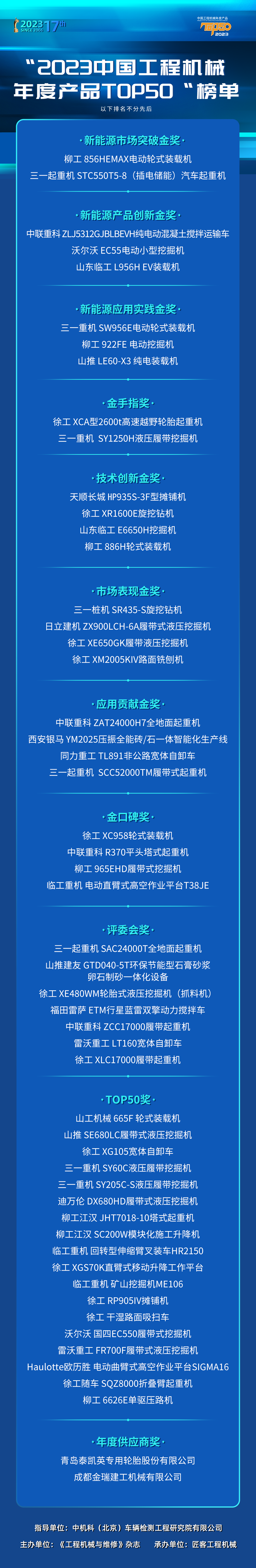 “2023中国工程机械年度产品TOP50”榜单