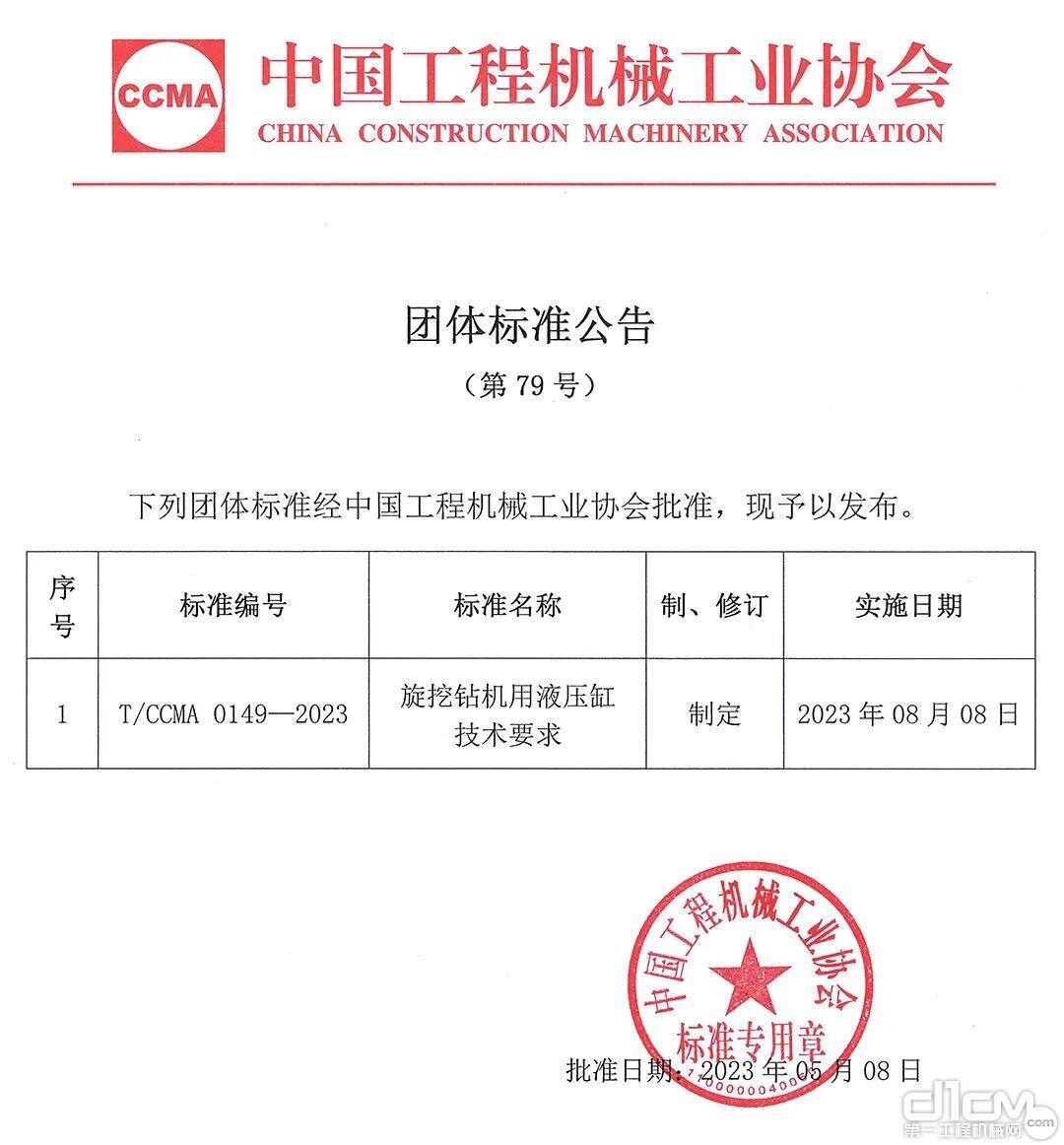 中国工程机械工业协会团体标准公告（第79号）