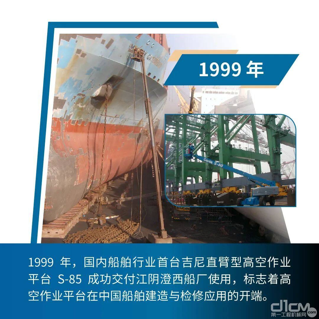 1999年，吉尼直臂型高空作业平台S-85成功交付江阴澄西船厂使用