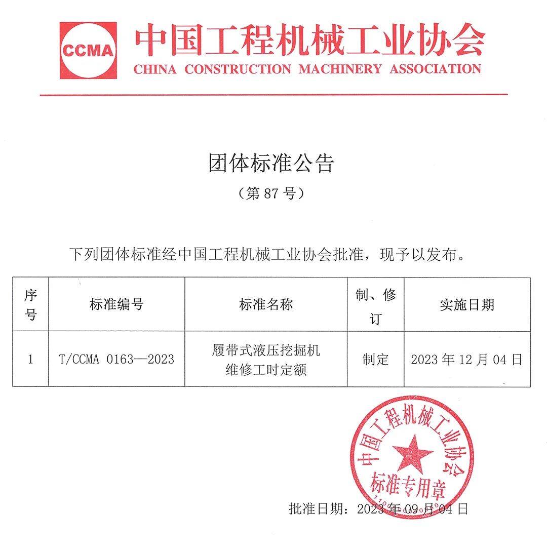 中国工程机械工业协会团体标准公告（第87号）