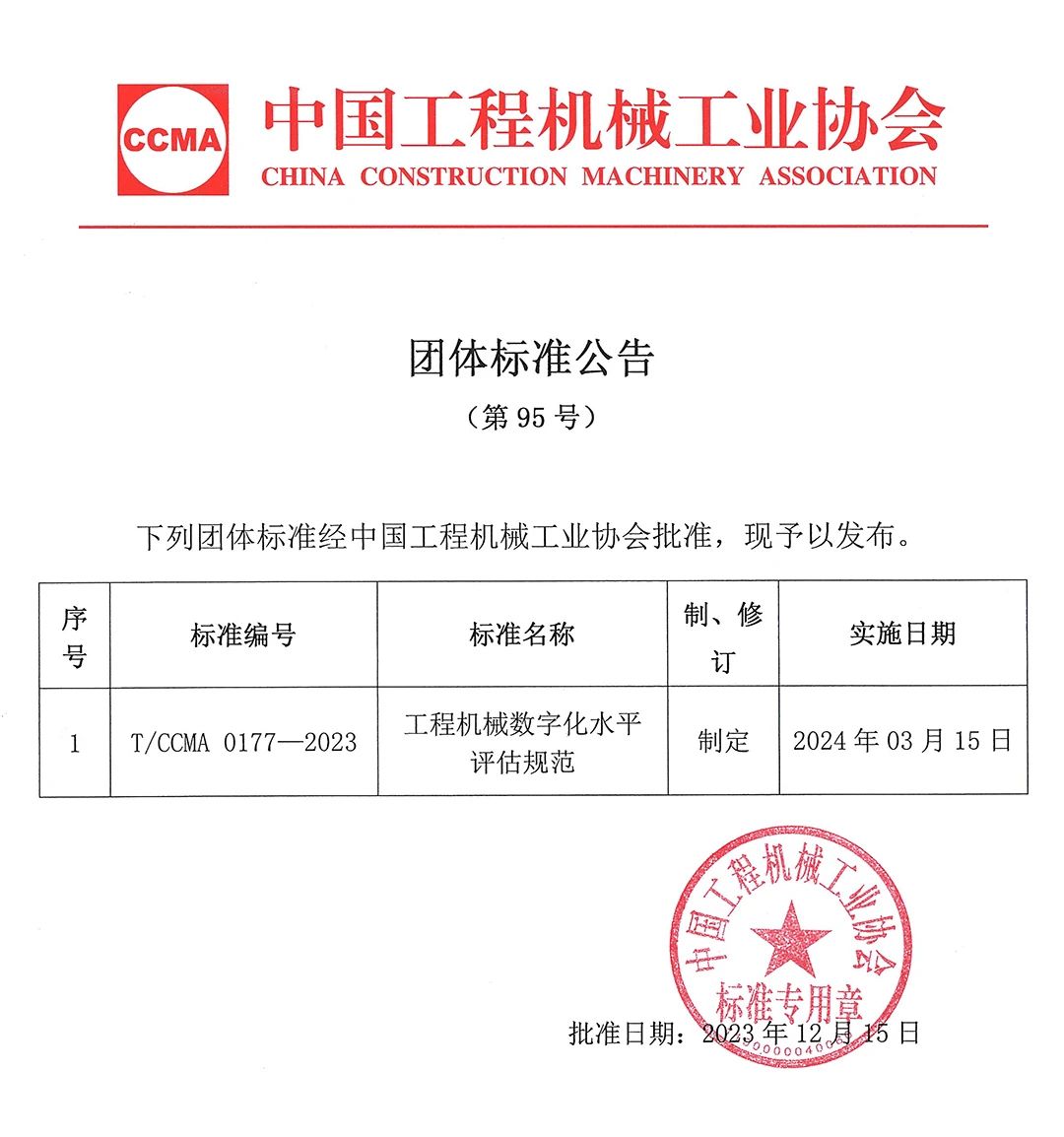 中国工程机械工业协会团体标准公告（第95号）