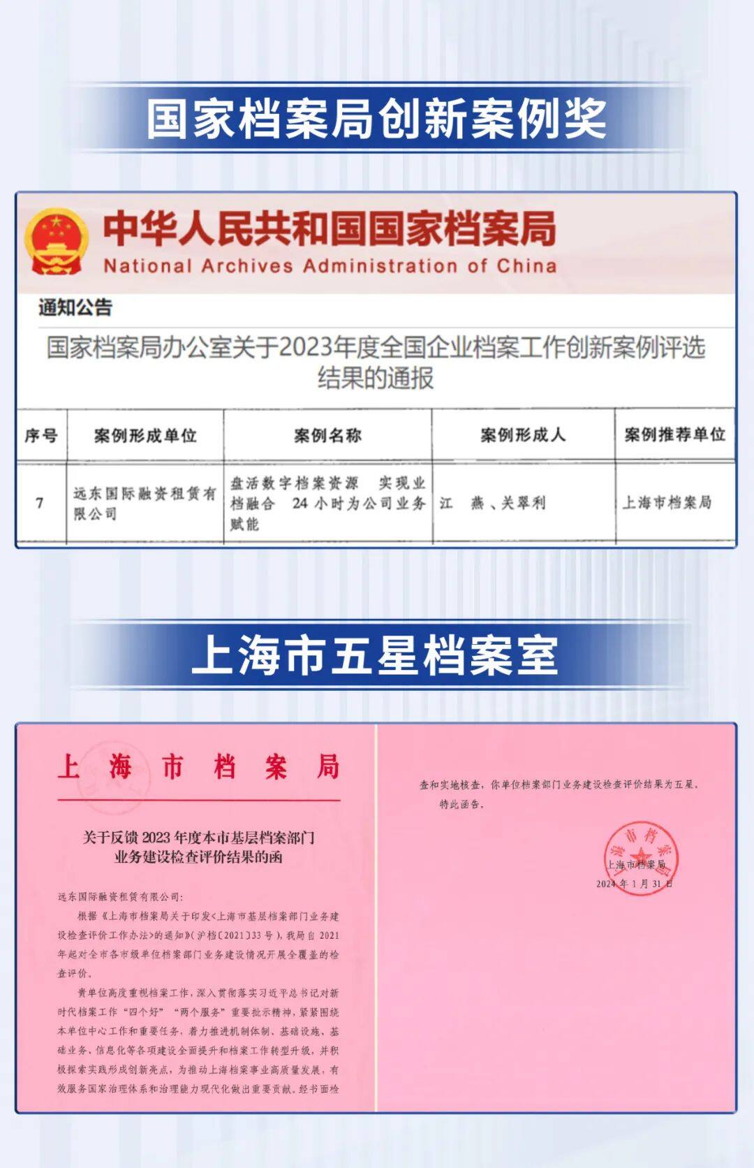 远东宏信租赁获国家档案局“立异案例”、立异案例上海市档案局“五星档案室”称谓