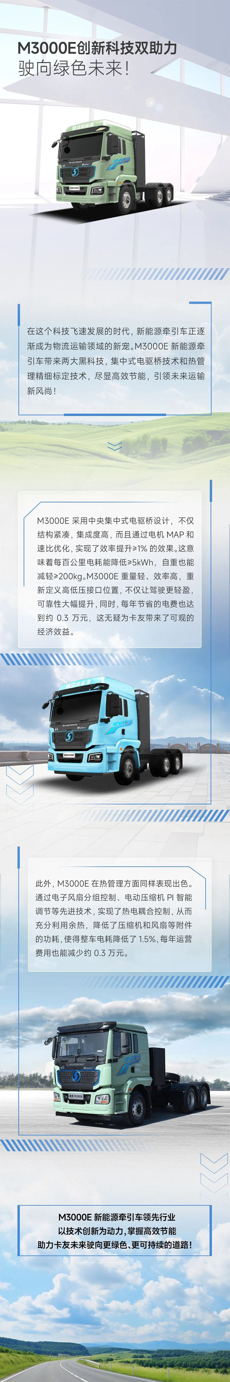 陕汽重卡：M3000E牵引车创新科技双助力，驶向绿色未来！